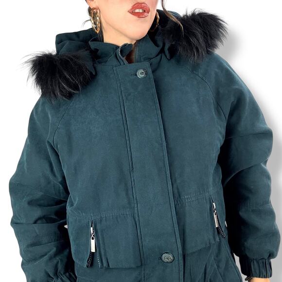 Vintage 90's deep cyan microsuede water repellant coat with fox fur trim hood - Picture 10 of 16